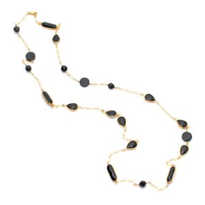 שרשרת גולדפילד ארוכה עם אבני אוניקס וקריסטלים שחורים בצורות שונות