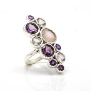 טבעת כסף משובצת האבני אמטיסט סגולות ורוז קוורץ